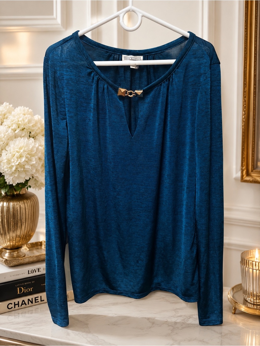 Dana Buchman Long-Sleeve Teal Velvet Keyhole Top with Gold Accent